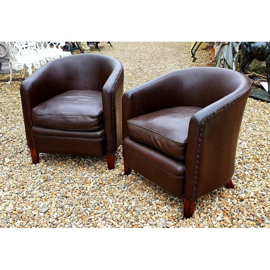 Pair Leather Studded Tub Chairs 