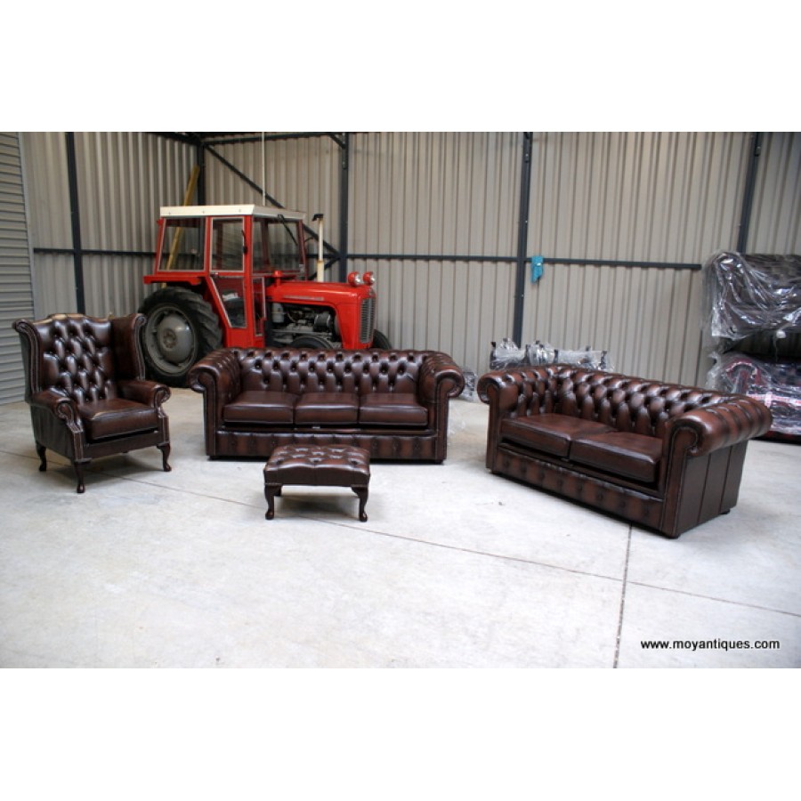 Chesterfield Suite Sofa, Wing and Tub Ant Brown
